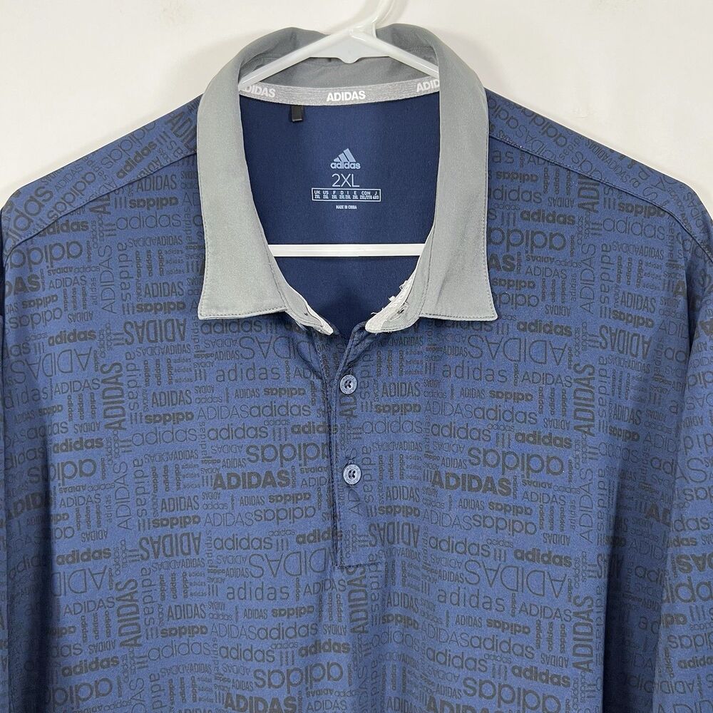 Adidas Golf Polo Shirt Mens Size XXL 2XL Navy Blue Spellout All Over Print SS